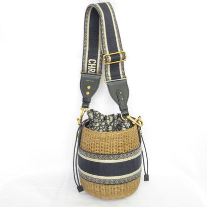 Christian Dior Oblique Wicker Shoulder Bag 63-Ma-1200 Navy Natural Women's