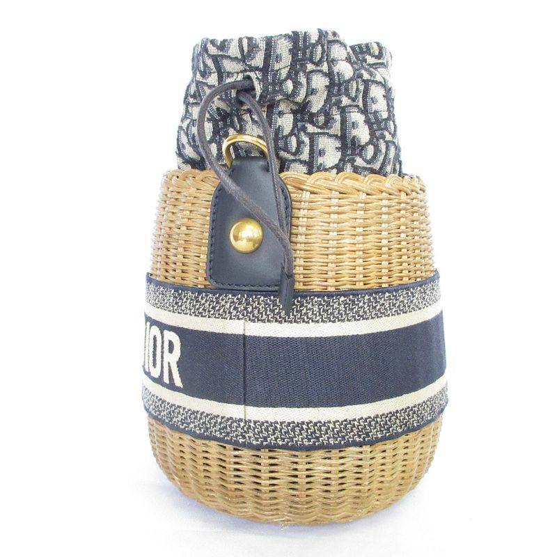 Christian Dior Oblique Wicker Shoulder Bag 63-Ma-1200 Navy Natural Women's