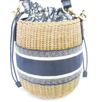 Christian Dior Oblique Wicker Shoulder Bag 63-Ma-1200 Navy Natural Women's