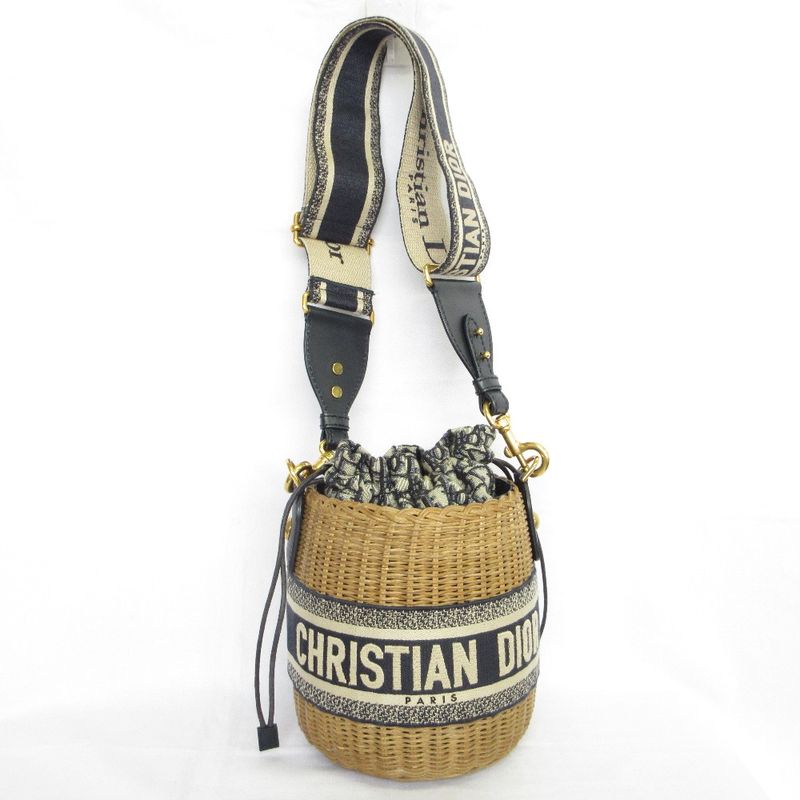 Christian Dior Oblique Wicker Shoulder Bag 63-Ma-1200 Navy Natural Women's