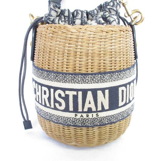 Christian Dior Oblique Wicker Shoulder Bag 63-Ma-1200 Navy Natural Women's