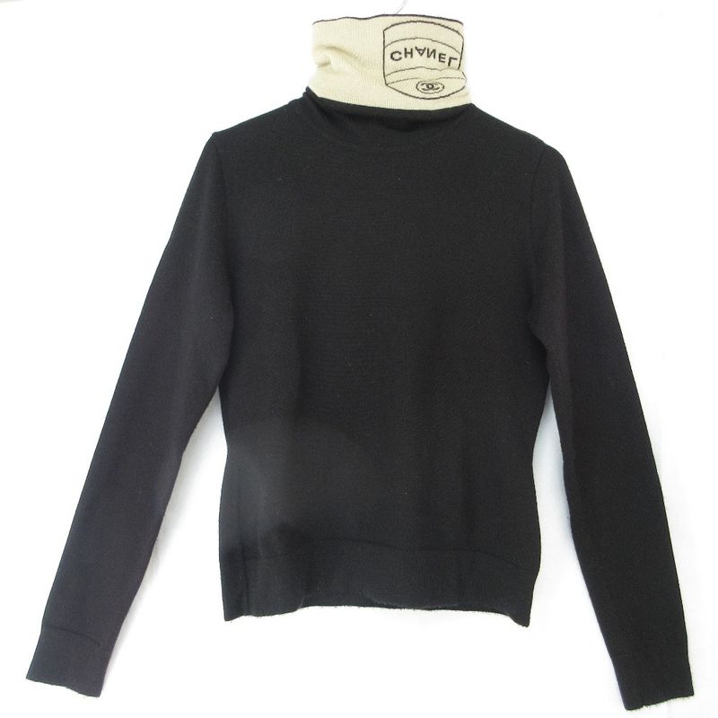 Good 04a Chanel Logo Turtleneck Cashmere Knit Sweater P24344 Size 38 Black