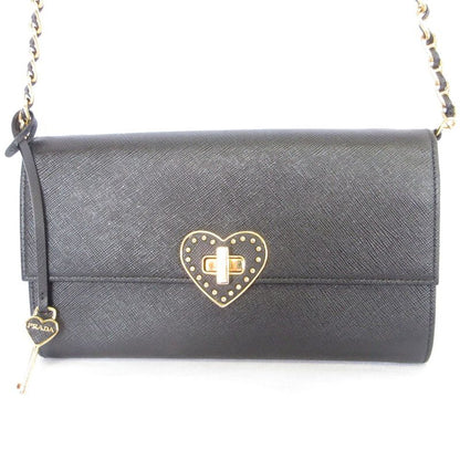Good Prada Saffiano Leather Heart Motif Turnlock Chain Wallet Bt770c Black