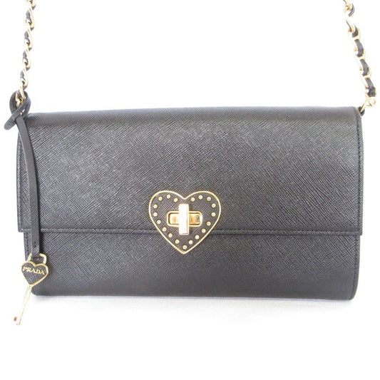 Good Prada Saffiano Leather Heart Motif Turnlock Chain Wallet Bt770c Black