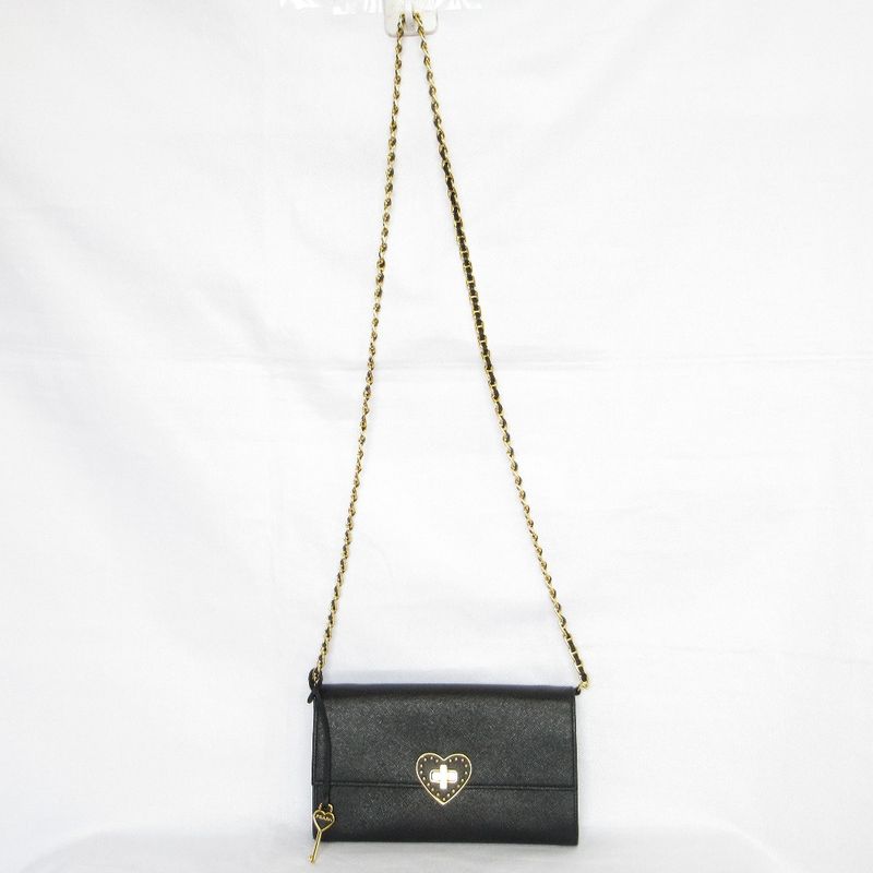 Good Prada Saffiano Leather Heart Motif Turnlock Chain Wallet Bt770c Black