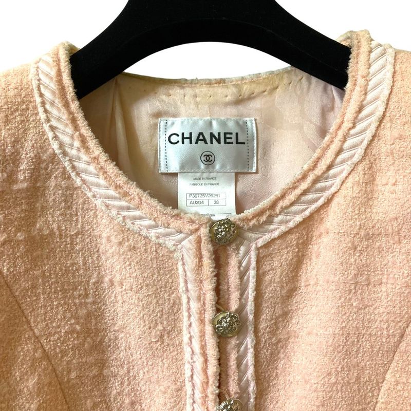 Good Chanel Lion Head Coco Button No Collar Tweed Jacket P36725 Size 38 Pink