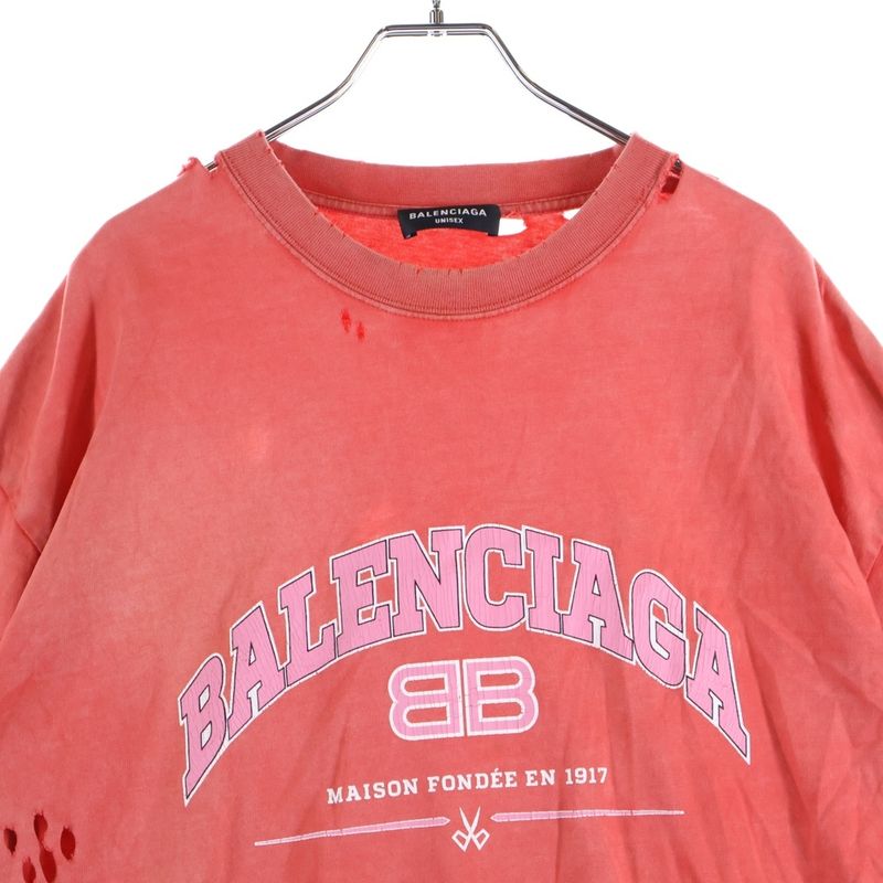 Balenciaga 22SS Destroyed Logo Print Short-sleeved T-shirt Cut And Sewn Red