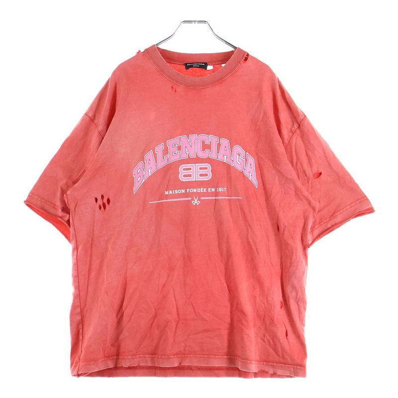 Balenciaga 22SS Destroyed Logo Print Short-sleeved T-shirt Cut And Sewn Red