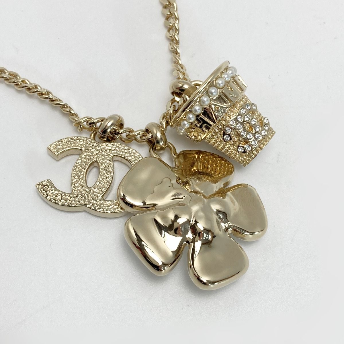 Chanel Cocomark Flower Necklace B23s Gold GP Rhinestone Fake Pearl