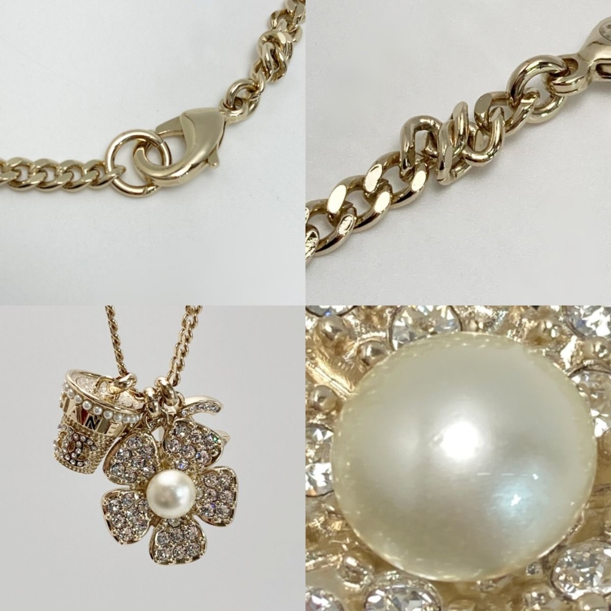 Chanel Cocomark Flower Necklace B23s Gold GP Rhinestone Fake Pearl