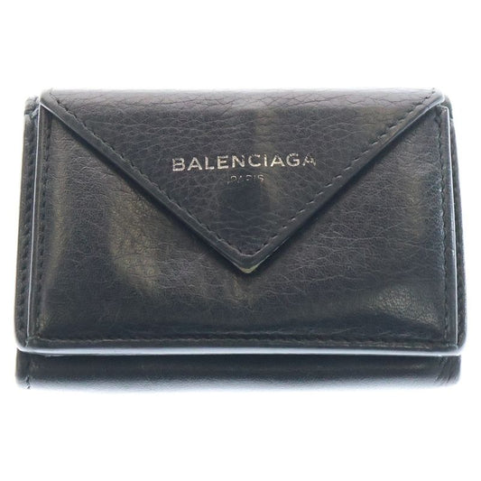 Balenciaga Paper Mini Wallet Trifold Coin Case Black Leather 391446