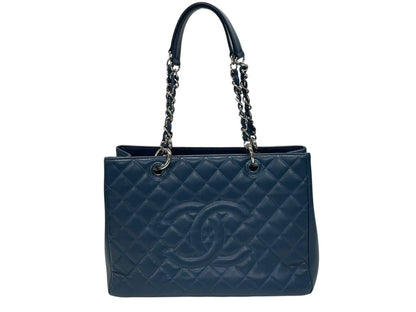 Chanel Grand Shopping Tote Bag GST Chain Caviar Leather CC Logo Navy Silver