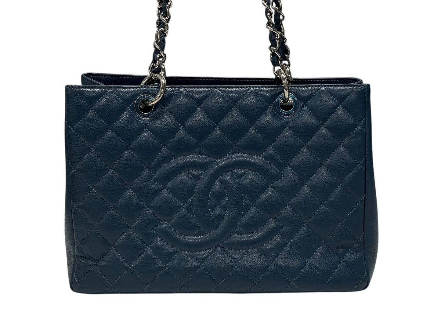 Chanel Grand Shopping Tote Bag GST Chain Caviar Leather CC Logo Navy Silver — view 2
