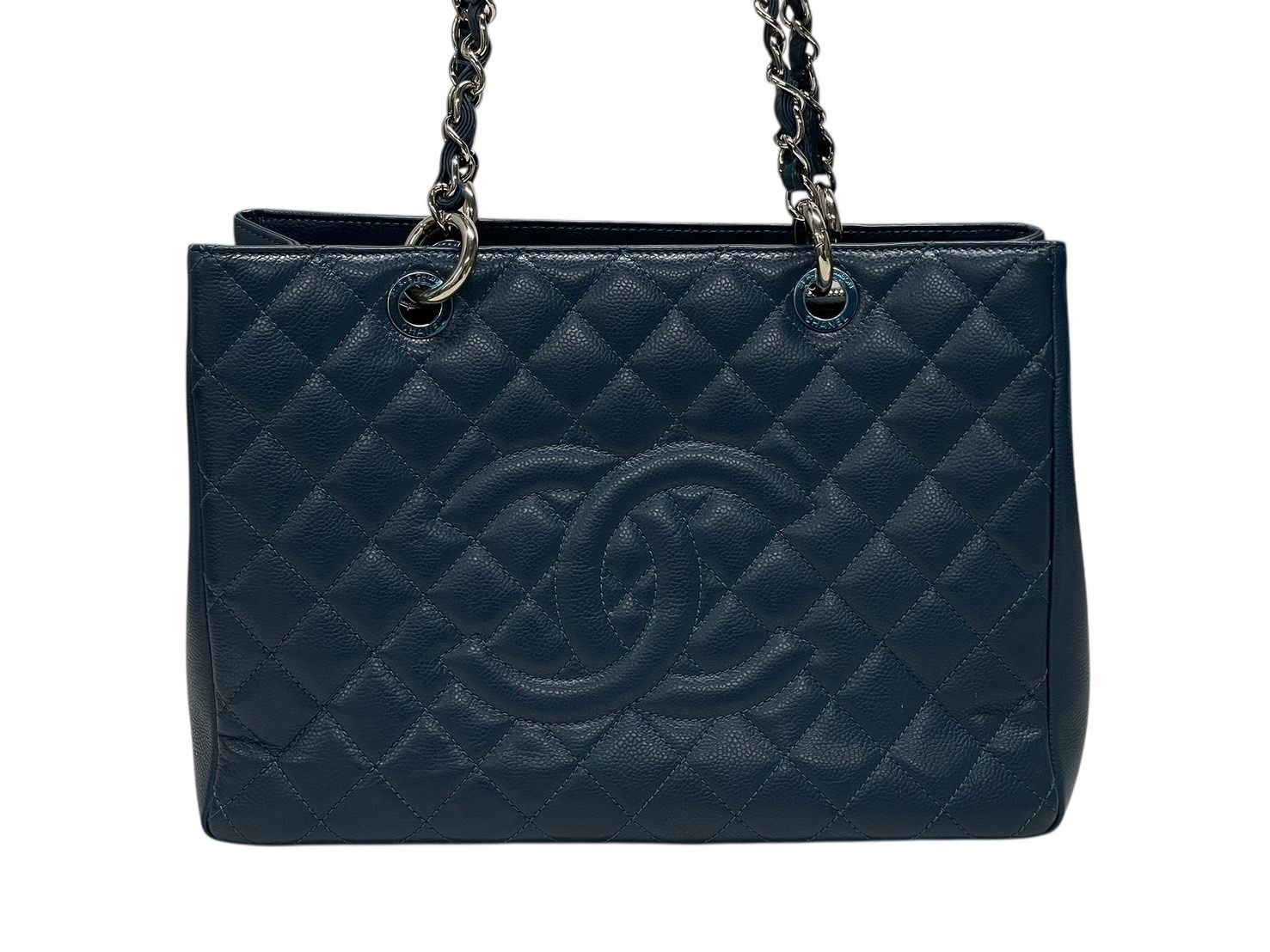 Chanel Grand Shopping Tote Bag GST Chain Caviar Leather CC Logo Navy Silver — view 2