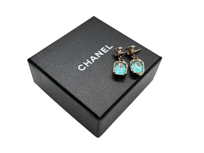Chanel CC Logo Drop Earrings 07 Rhinestone Metal Gold Plated Blue