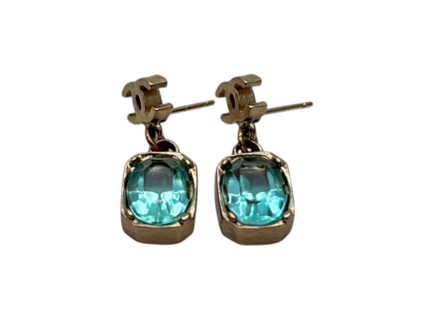 Chanel CC Logo Drop Earrings 07 Rhinestone Metal Gold Plated Blue — view 2
