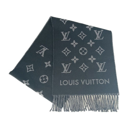 Louis Vuitton Scarf All About Monogram M79225 Black Gray 100% Wool Men's Fringe
