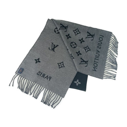 Louis Vuitton Scarf All About Monogram M79225 Black Gray 100% Wool Men's Fringe