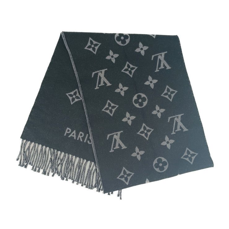 Louis Vuitton Scarf All About Monogram M79225 Black Gray 100% Wool Men's Fringe