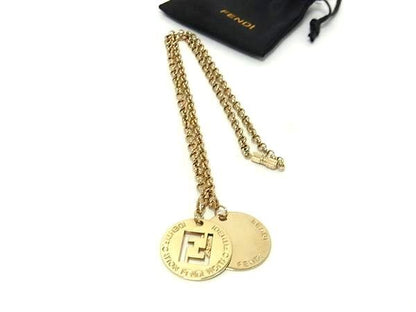 Fendi Necklace FF Logo Plate - Gold Metal Women's Zucca