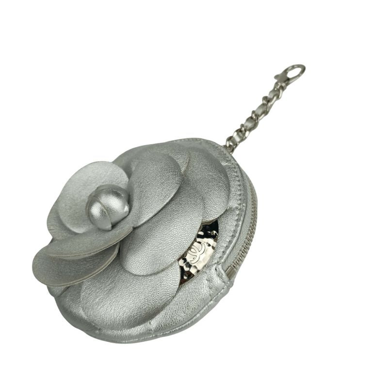 Chanel Coin Case Camellia Zip Coin Purse Ap2125 Silver Lambskin Ladies Coin