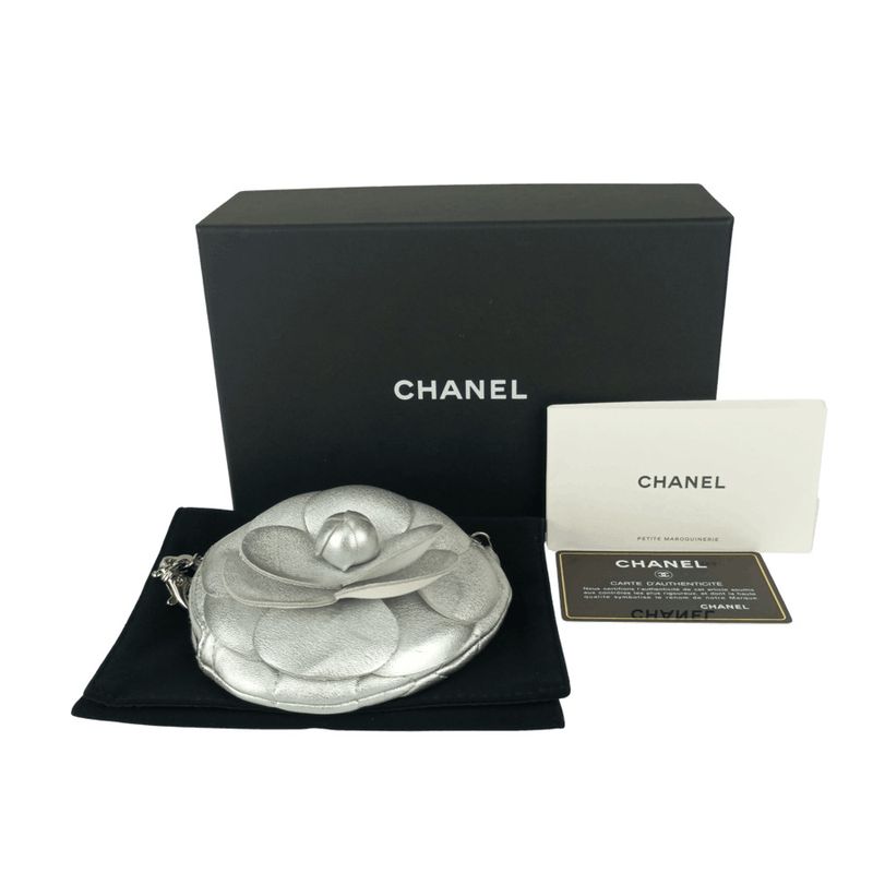 Chanel Coin Case Camellia Zip Coin Purse Ap2125 Silver Lambskin Ladies Coin