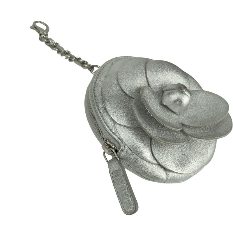 Chanel Coin Case Camellia Zip Coin Purse Ap2125 Silver Lambskin Ladies Coin