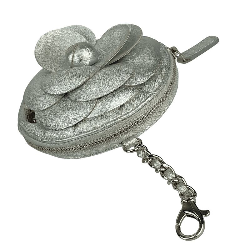 Chanel Coin Case Camellia Zip Coin Purse Ap2125 Silver Lambskin Ladies Coin