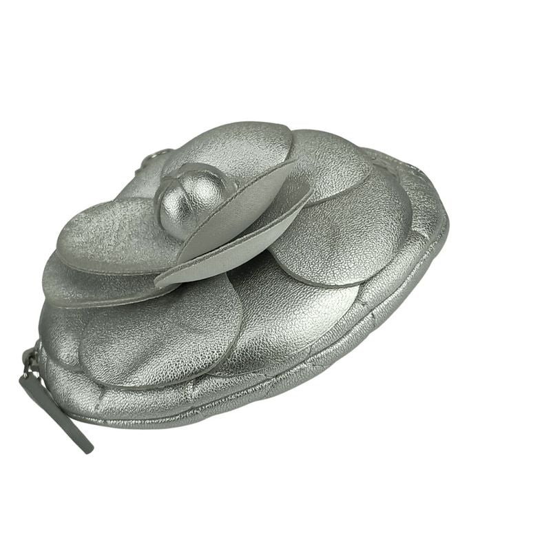 Chanel Coin Case Camellia Zip Coin Purse Ap2125 Silver Lambskin Ladies Coin