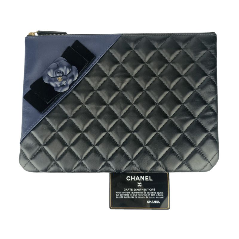 Chanel Second Bag Camellia Pouch 82699 Black Navy Lambskin Velour Ladies Coco