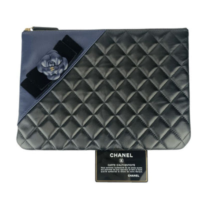 Chanel Second Bag Camellia Pouch 82699 Black Navy Lambskin Velour Ladies Coco