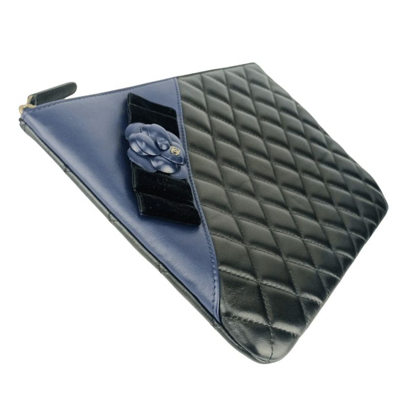 Chanel Second Bag Camellia Pouch 82699 Black Navy Lambskin Velour Ladies Coco