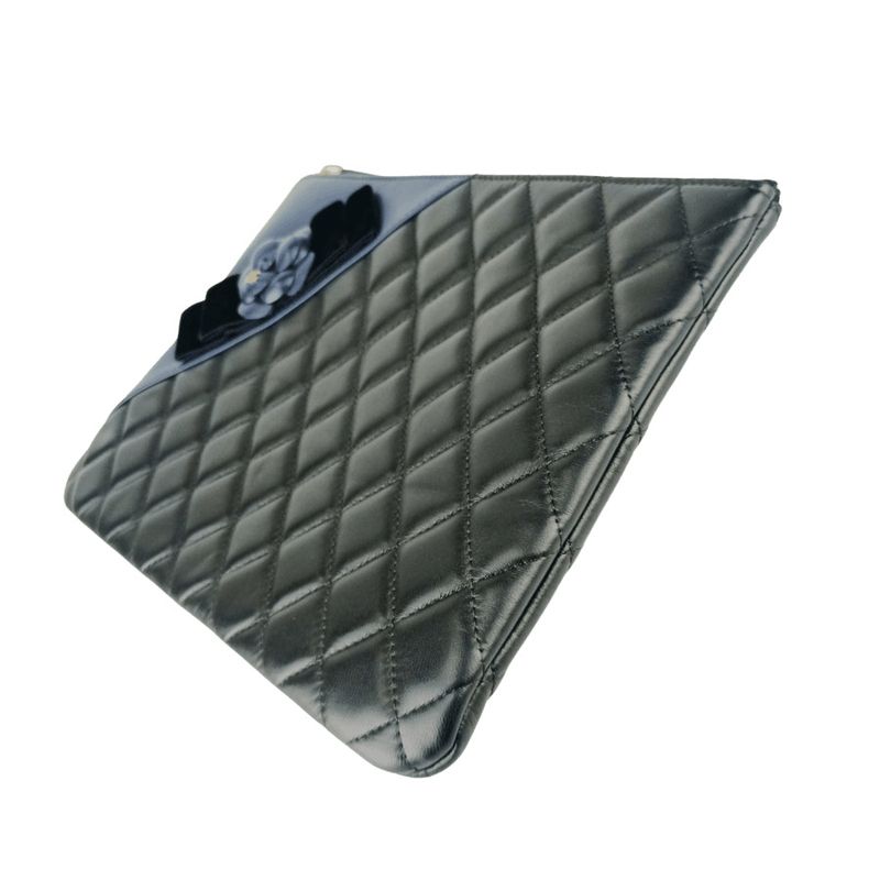 Chanel Second Bag Camellia Pouch 82699 Black Navy Lambskin Velour Ladies Coco