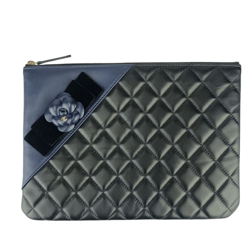 Chanel Second Bag Camellia Pouch 82699 Black Navy Lambskin Velour Ladies Coco