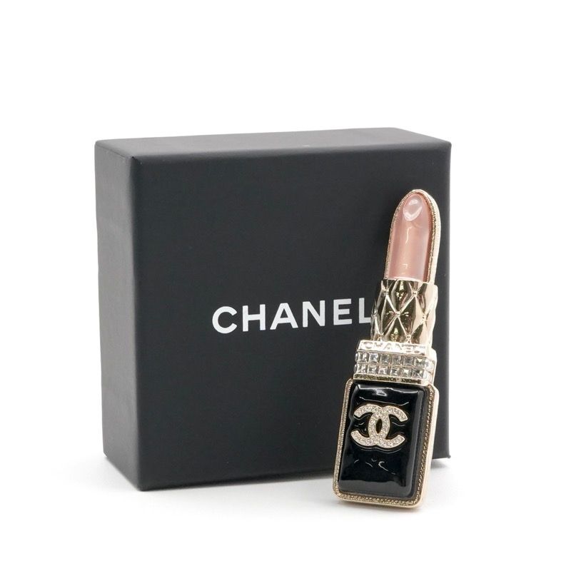 Chanel Brooch Corsage Gold Black Pink Here Mark Rhinestone Lip Motif