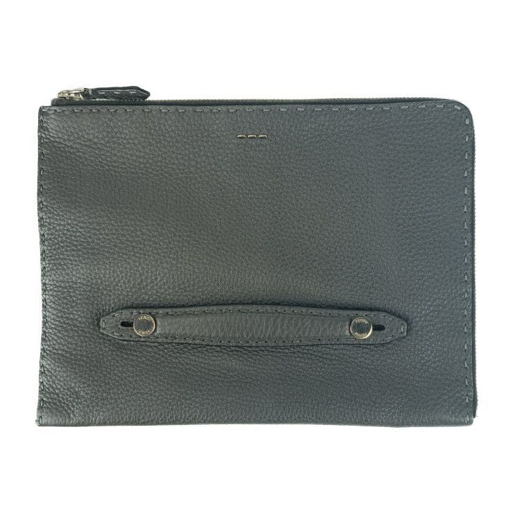 Fendi Clutch Bag Selleria 7m0225 Gray Silver Hardware Leather Men's Second Bag