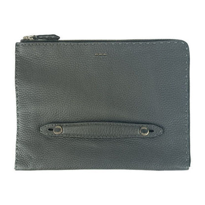 Fendi Clutch Bag Selleria 7m0225 Gray Silver Hardware Leather Men's Second Bag