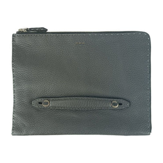 Fendi Clutch Bag Selleria 7m0225 Gray Silver Hardware Leather Men's Second Bag