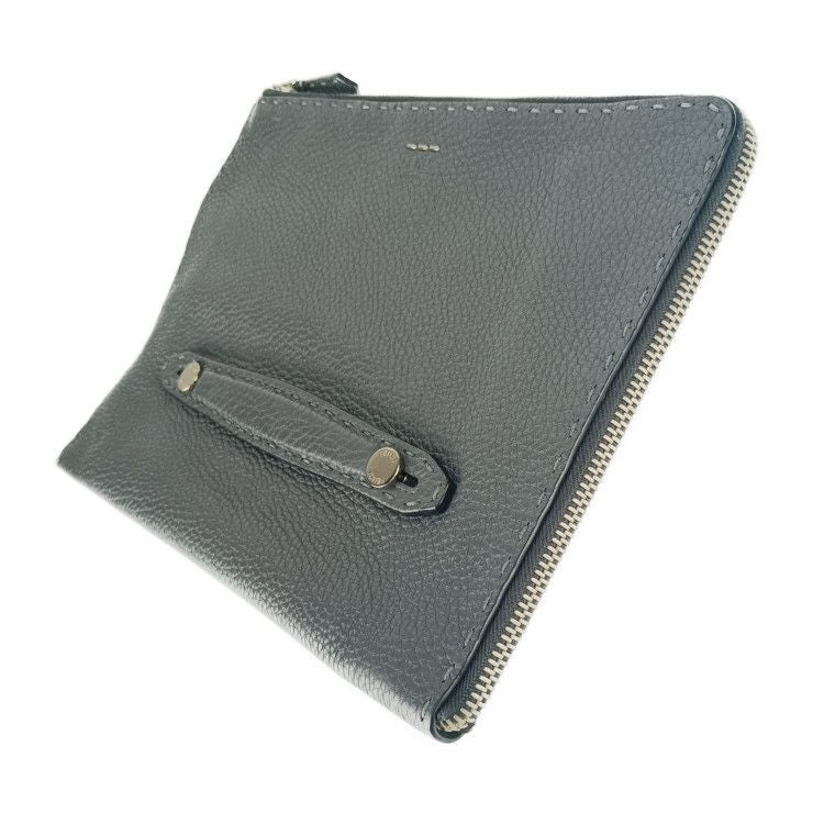Fendi Clutch Bag Selleria 7m0225 Gray Silver Hardware Leather Men's Second Bag