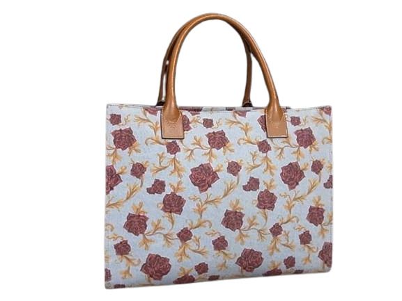 Versace Handbag - Light Blue And Brown Canvas And Leather Women's Rose Flower