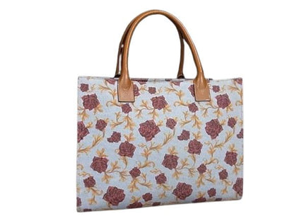 Versace Handbag - Light Blue And Brown Canvas And Leather Women's Rose Flower