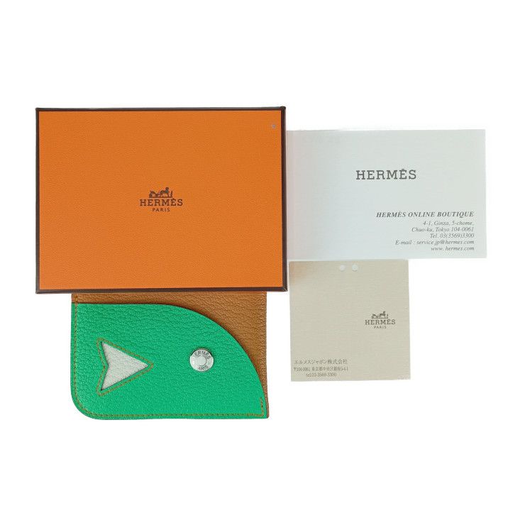 Hermes Card Case Poisson H084483ckac Caramel+vert Comics+vert FIZZ Greenish