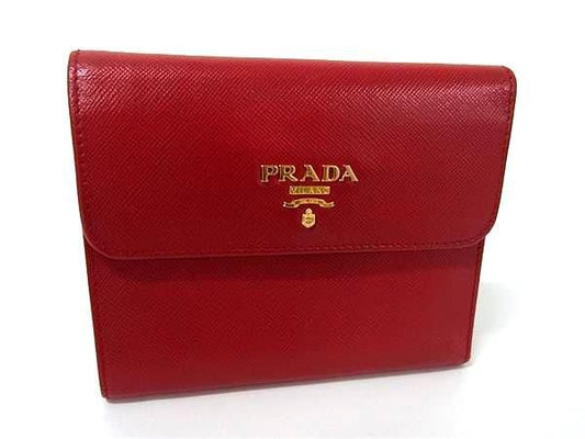 Prada Wallet Trifold Wallet Red Saffiano Leather Women Gold Hardware