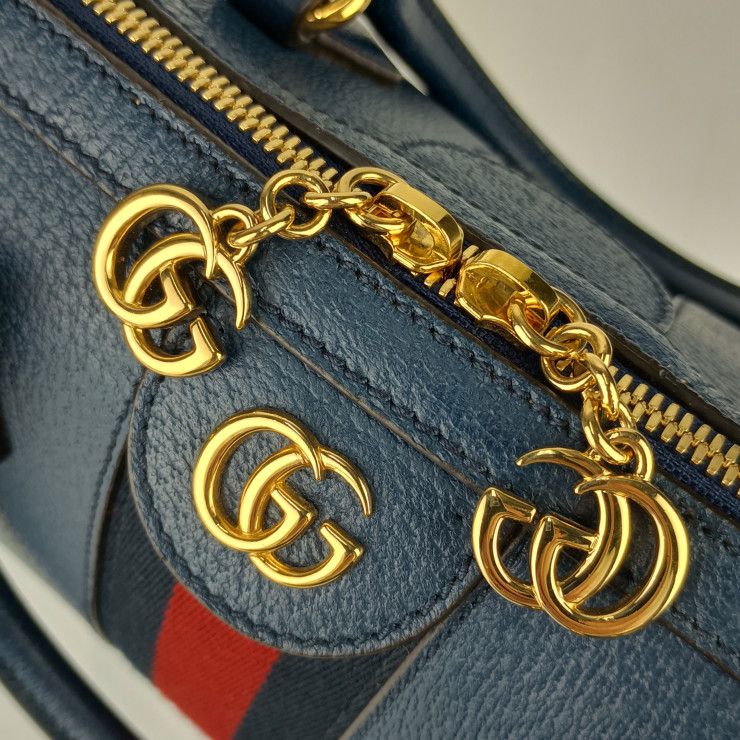 Gucci Handbag GG Ophidia Mini Boston Bag 524532 Navy Gold Hardware Leather