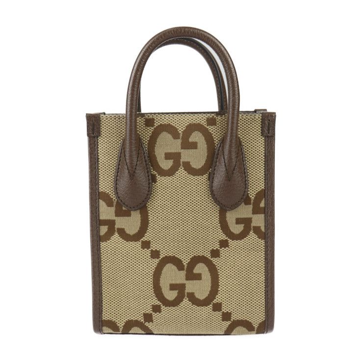 Gucci Mini Tote Handbag 699406 Jumbo GG Canvas X Leather Beige Brown Gold