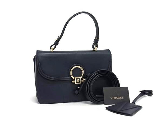 Versace Handbag Medusa - Navy Leather Women's 2WAY Gold Hardware