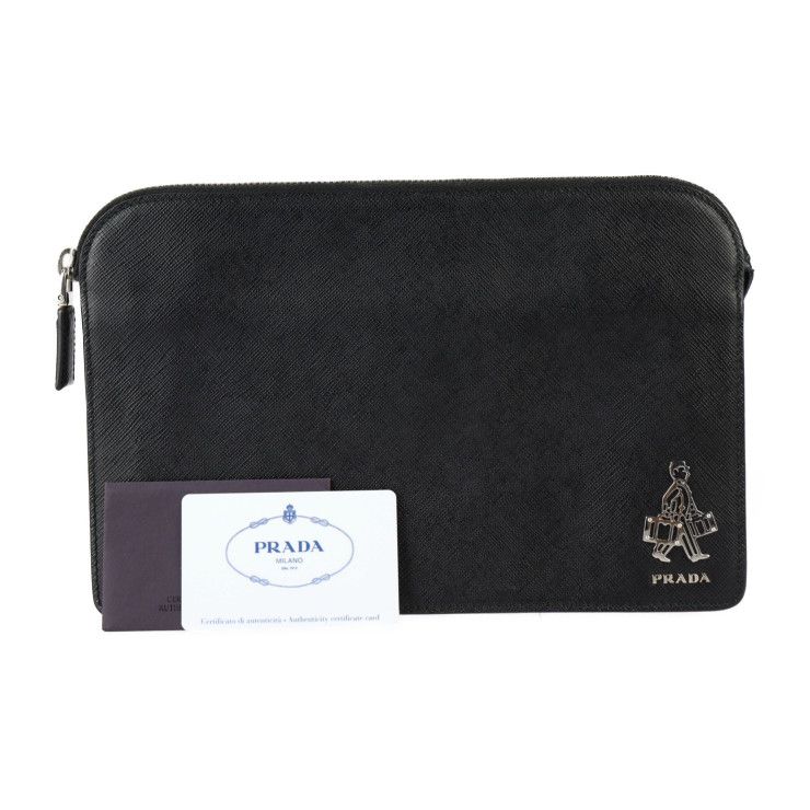 Prada Travel Pouch Second Bag 2vf056 Saffiano Leather Black Silver Hardware
