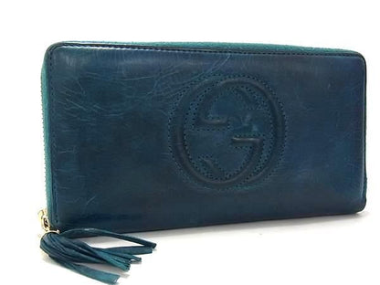 Gucci Long Wallet Soho Interlocking G 308004 Blue Green Leather Unisex Round