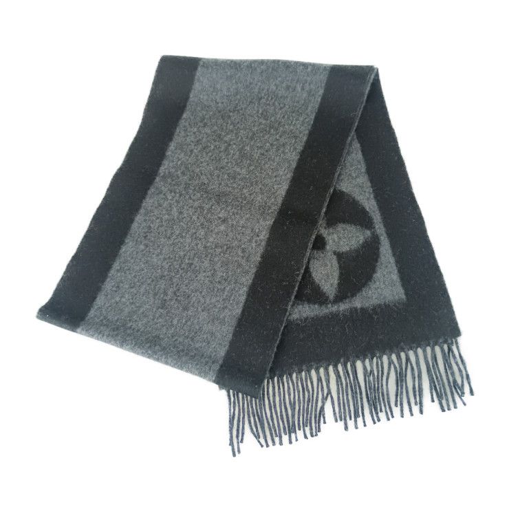 Louis Vuitton Scarf Echarpe Cardiff M72202 Black Gray 75% Wool 75% Angora 25%