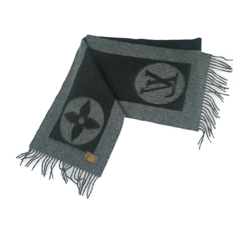 Louis Vuitton Scarf Echarpe Cardiff M72202 Black Gray 75% Wool 75% Angora 25%